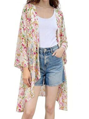 Womens Vacay Dressy Floral Print Bell Sleeve Kimono "Pink/Gold " NEW Sz.XXL